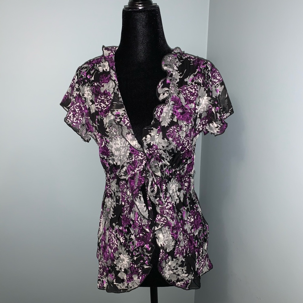 Ricki's Black, Purple & White Floral Ruffle Front Top
